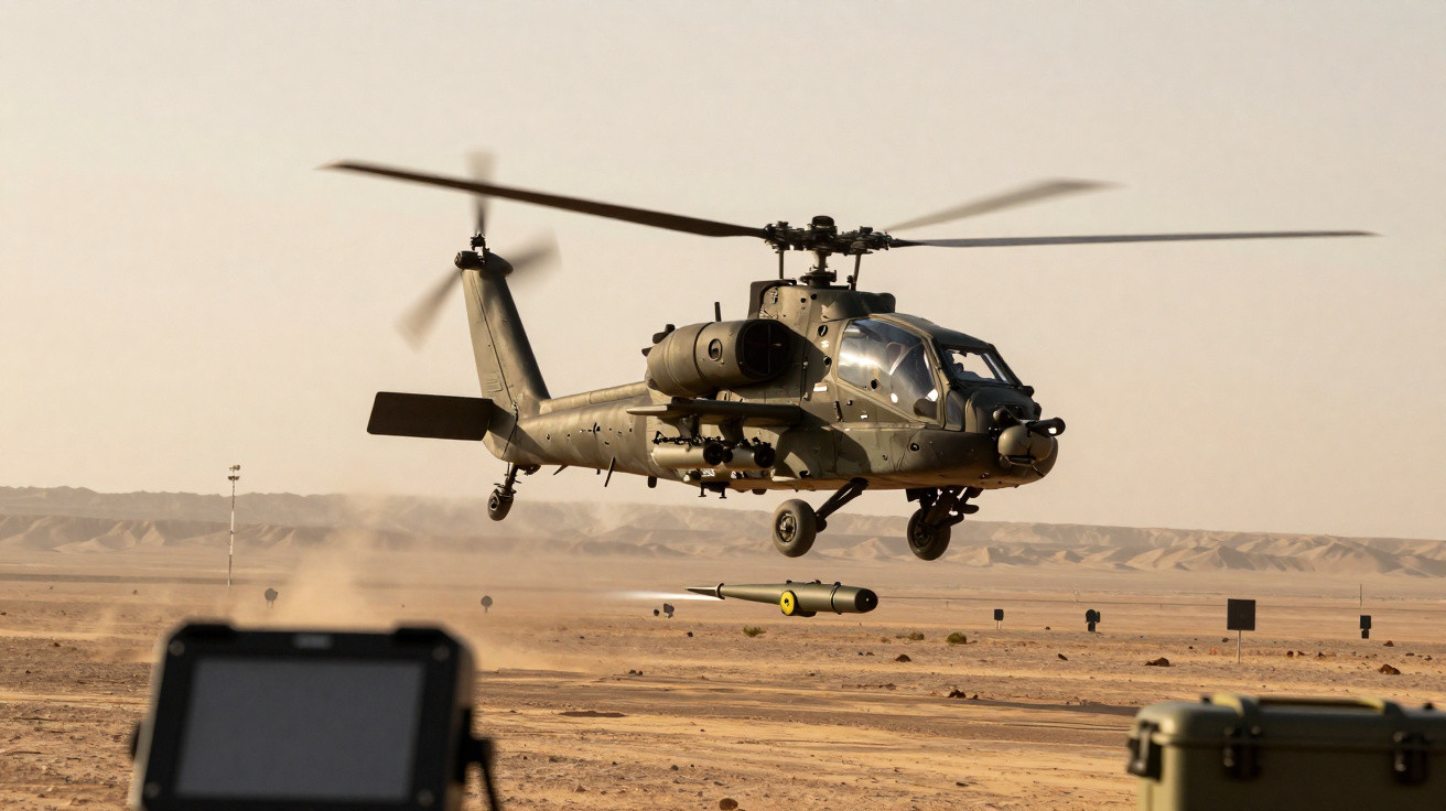 Helicóptero militar em voo baixo disparando míssil em terreno deserto com montanhas ao fundo.