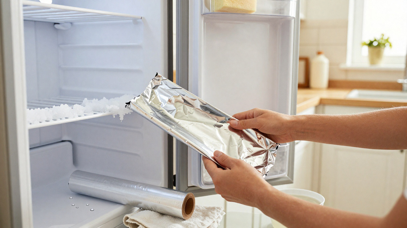 Pessoa colocando uma bandeja coberta com papel alumínio em um freezer com gelo acumulado.