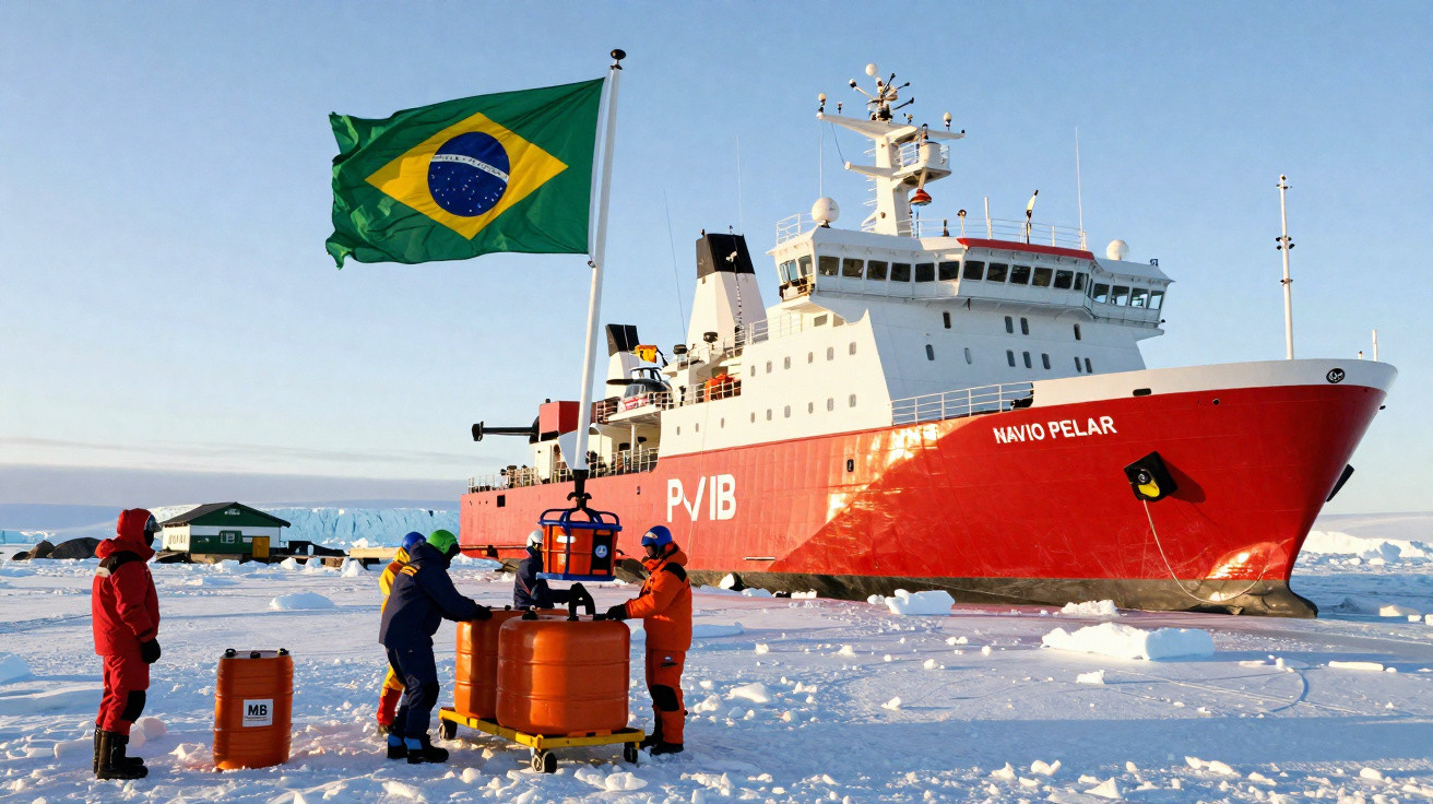 Pesquisadores com roupas térmicas ao lado de bandeira do Brasil em ambiente gelado com navio polar ao fundo.