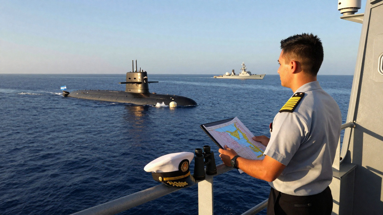 Oficial naval observa submarino e navio de guerra no mar aberto durante operação marítima.
