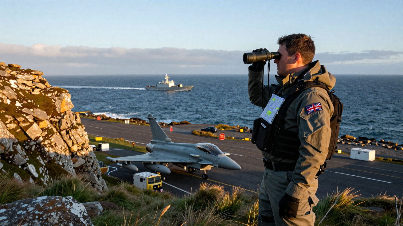 Soldado britânico observa com binóculos base militar costeira com caça estacionado e navio no mar ao fundo.