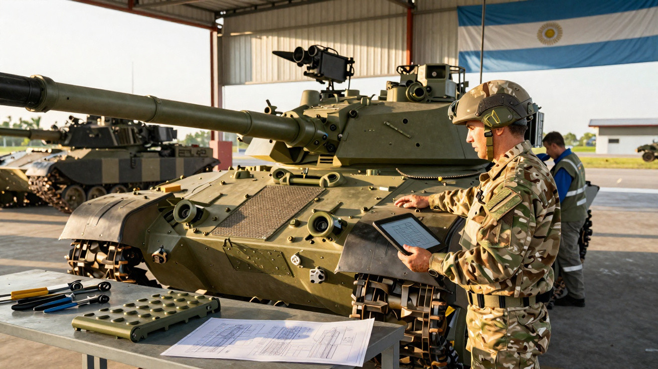 Soldado em uniforme camuflado verifica tablet ao lado de tanque de guerra em estacionamento coberto com bandeira da Argentina