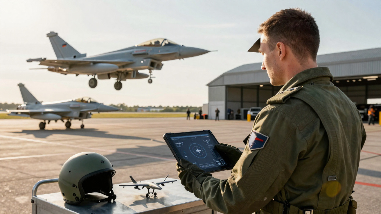 Militar operando tablet com jatos de combate em pista de aeroporto militar ao fundo.