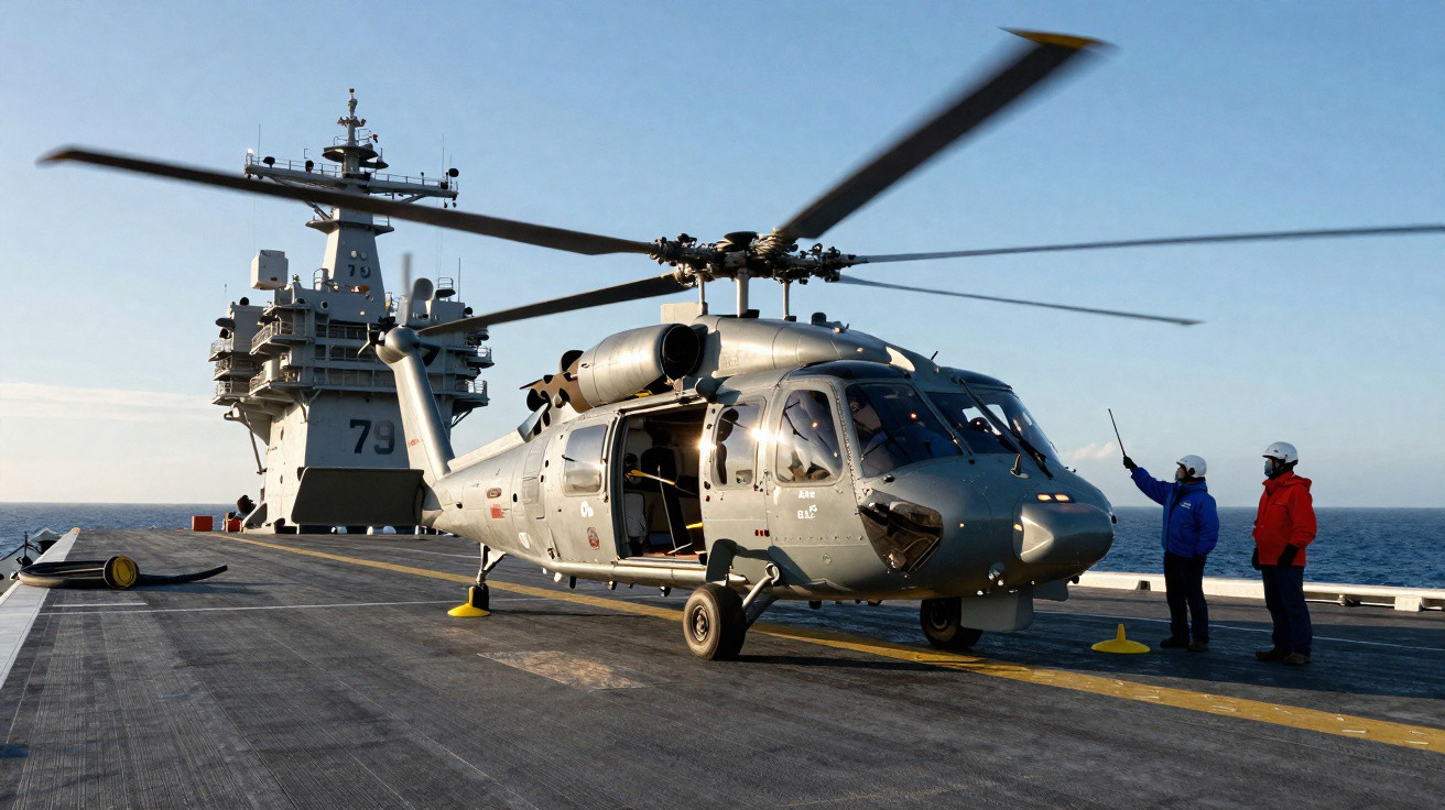 Helicóptero militar cinza pousado em porta-aviões no mar com dois militares próximo à aeronave.