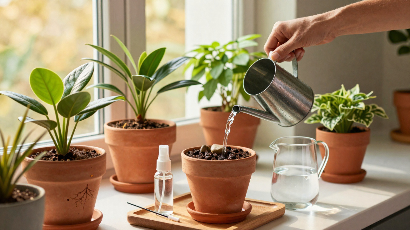Pessoa regando plantas em vasos de barro colocados em peitoris de janela com regador metálico.