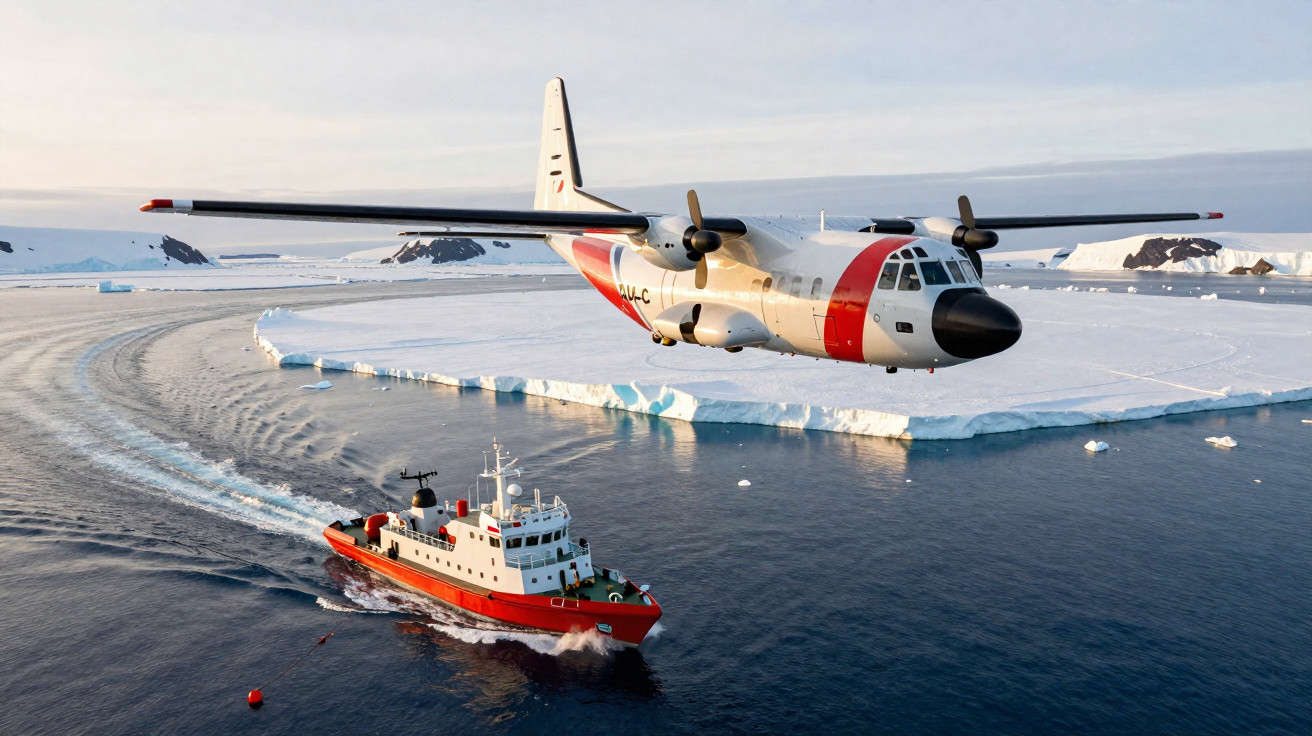 Avião de patrulha aérea voando baixo sobre navio de pesquisa em águas geladas com iceberg ao fundo.