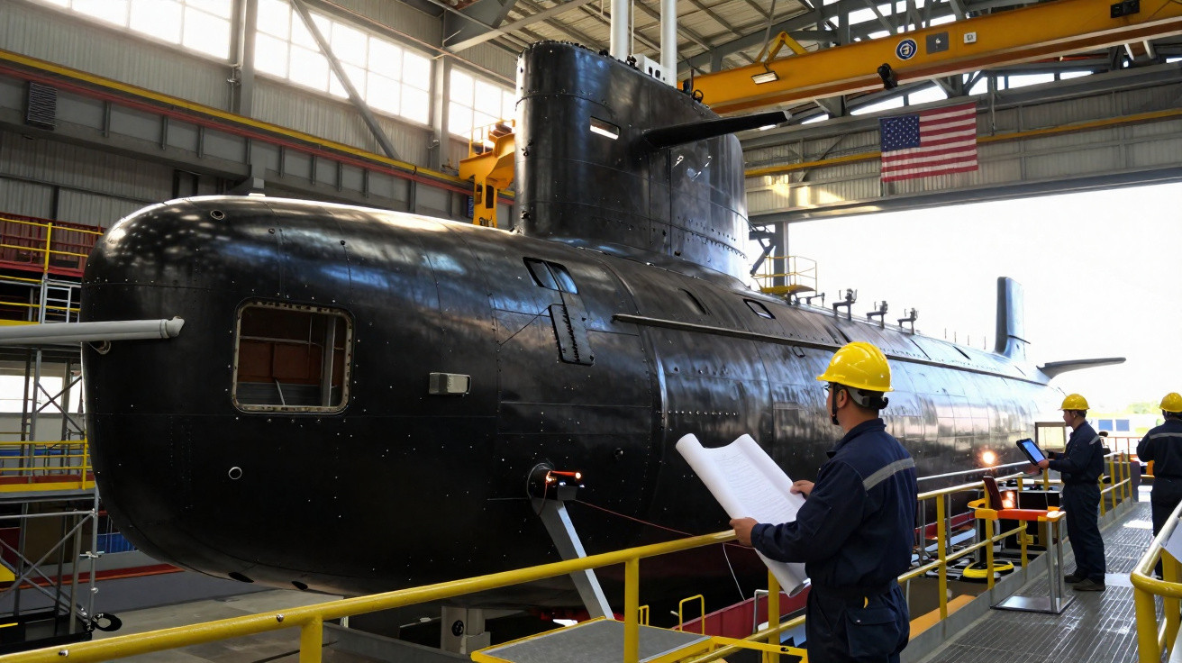 Homens com capacetes amarelos inspecionam submarino preto em hangar industrial.