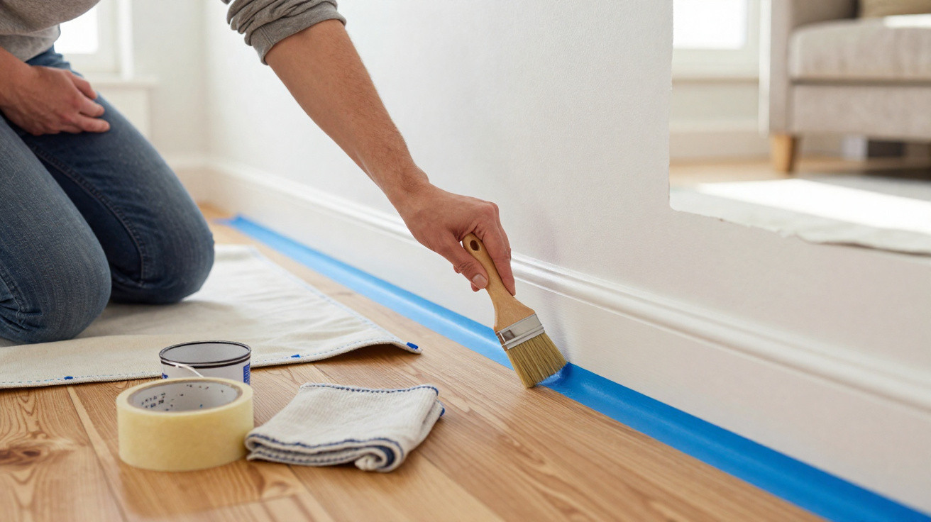 Pessoa aplicando fita crepe azul no rodapé de parede para pintura em ambiente interno.