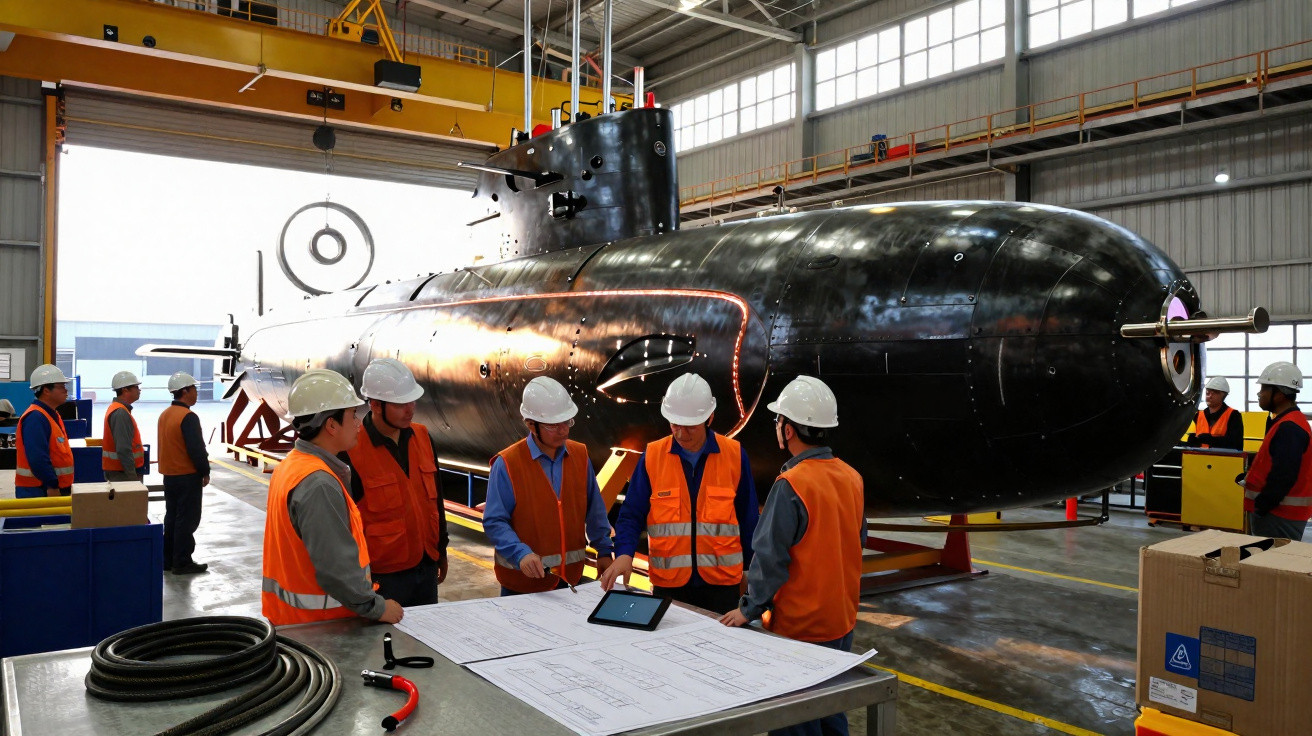 Equipe de engenheiros com capacetes e coletes revisando plantas ao lado de um submarino preto em hangar.