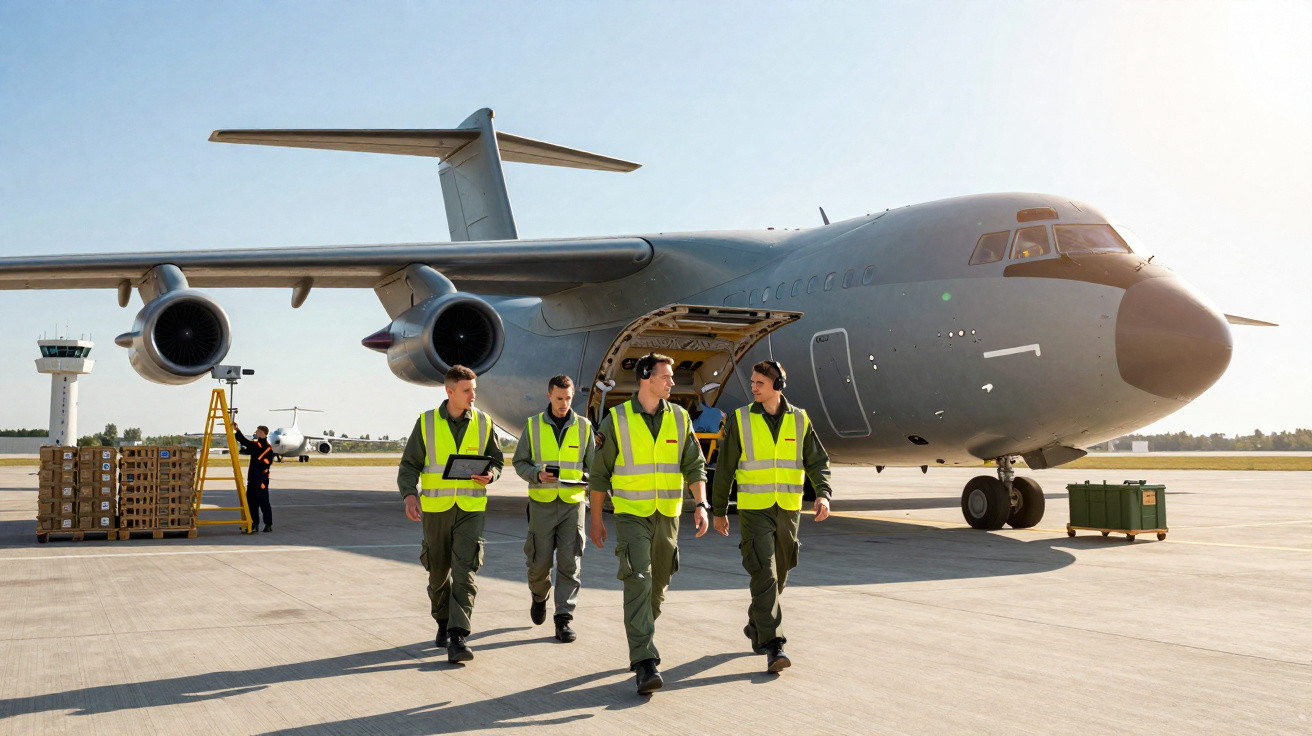 Quatro homens com coletes refletores caminhando em frente a um avião militar estacionado no aeroporto.