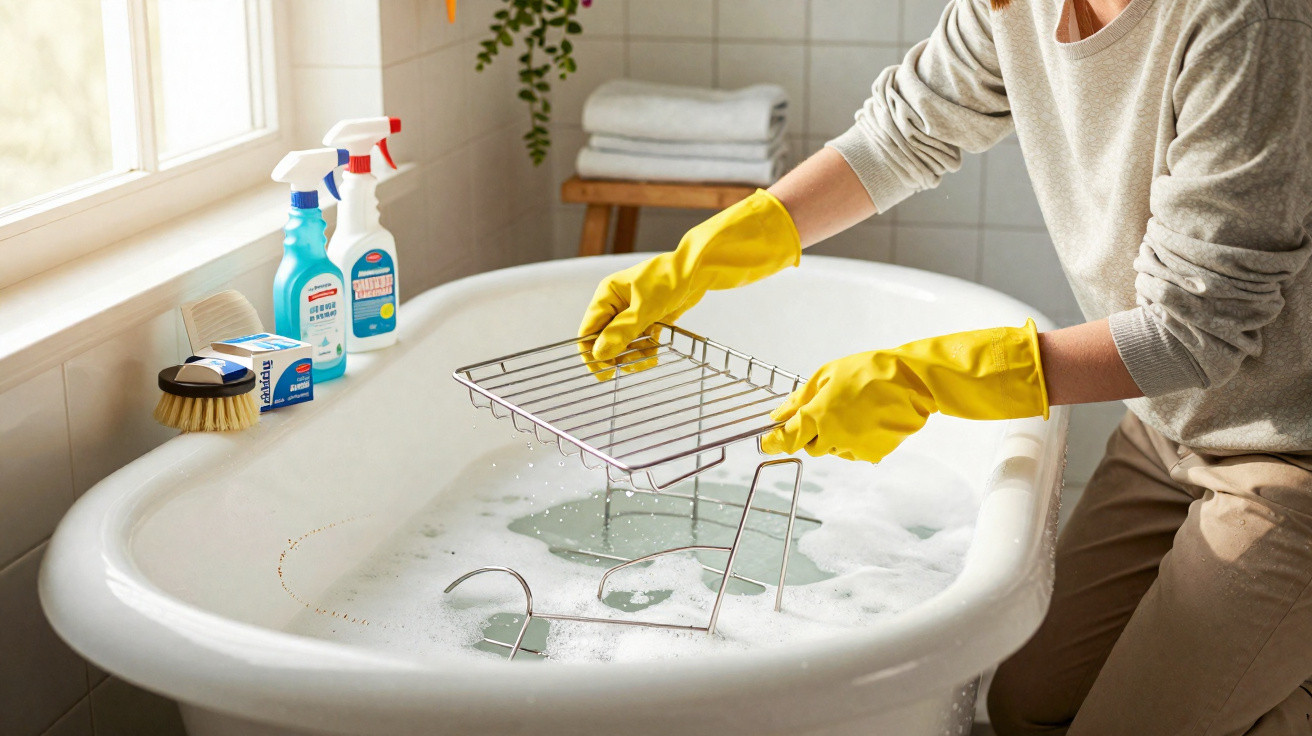 Pessoa com luvas amarelas limpando grade metálica em banheira cheia de água e sabão, com produtos de limpeza ao lado.