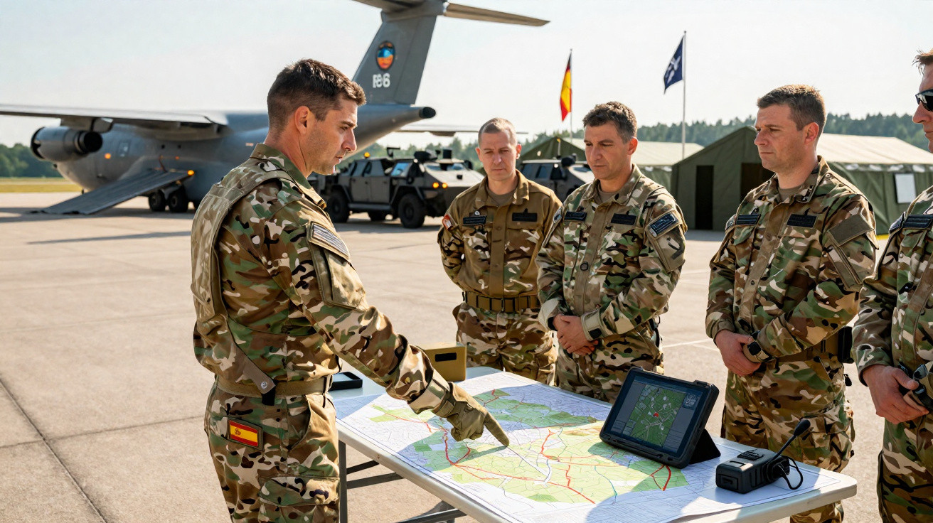 Militares em uniformes camuflados analisam mapa sobre mesa em área externa de base aérea com avião ao fundo.