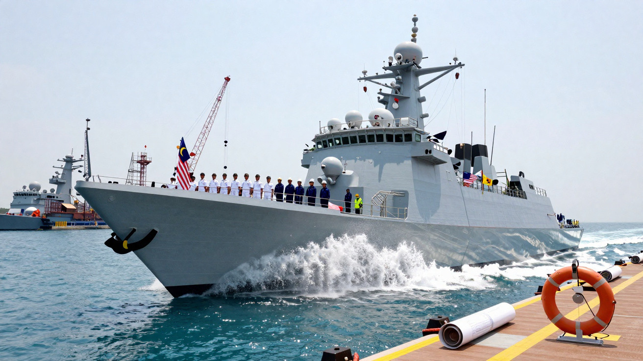 Navio militar cinza com tripulação em pé no convés, navegando próximo a cais com bóia laranja.