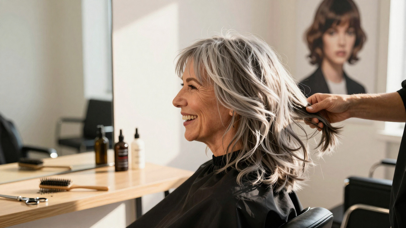 Mulher sorridente com cabelo grisalho sendo penteado em salão de beleza, sentada em cadeira preta.