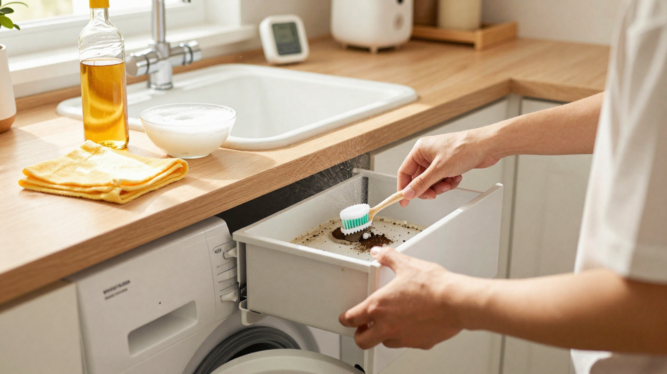Pessoa limpando o compartimento de sabão da máquina de lavar com escova branca em cozinha clara.