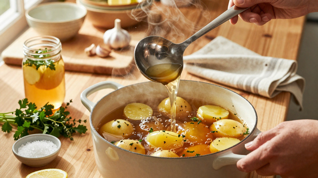 Mãos servindo caldo quente com batatas em panela branca sobre mesa de madeira, cercada por ingredientes.