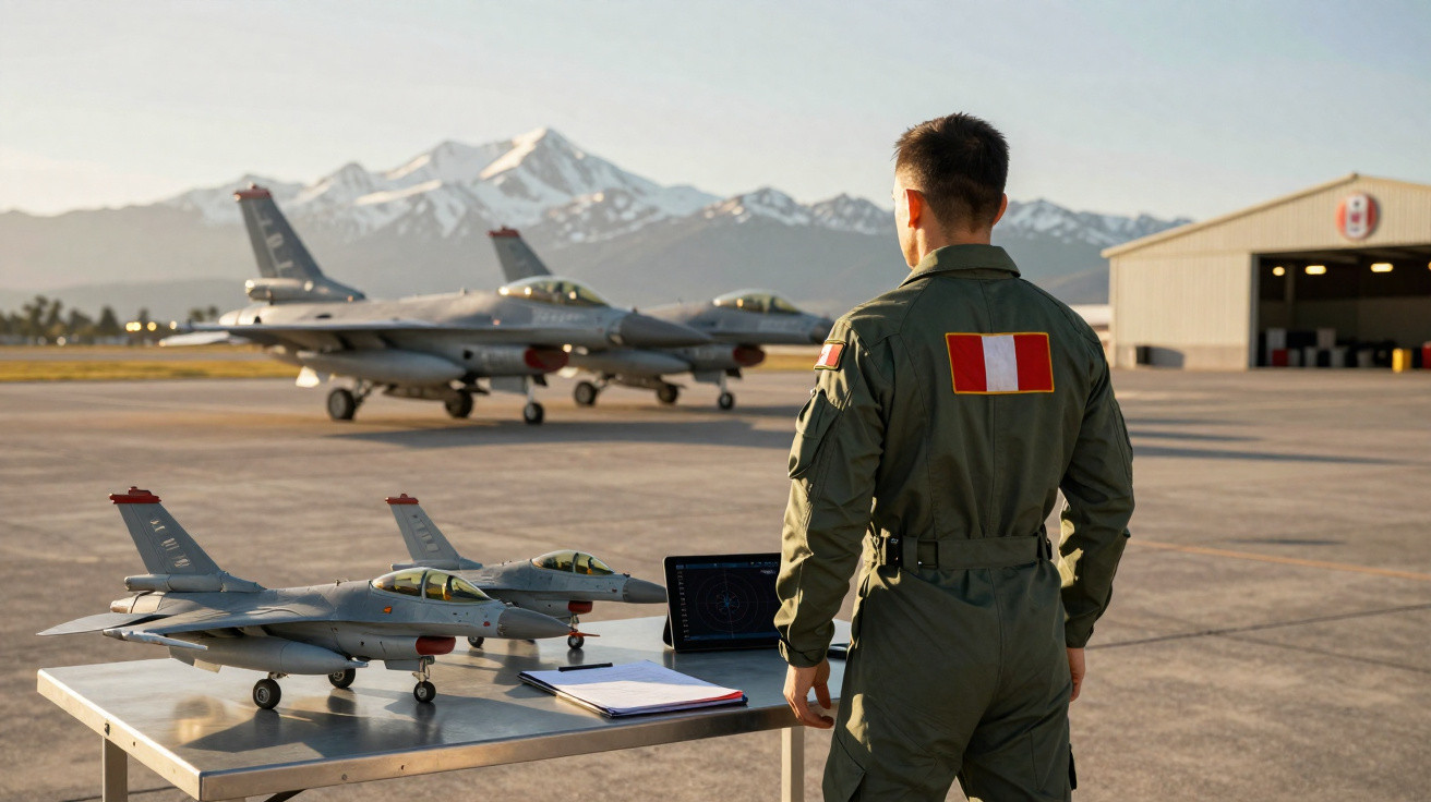 Militar peruano observa dois modelos em miniatura de caças F-16 sobre mesa na pista de decolagem com aviões e montanhas ao fu