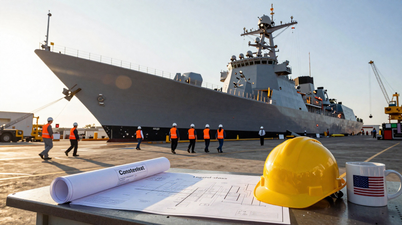 Navio militar ancorado no porto com trabalhadores de colete laranja e capacete amarelo em primeiro plano.