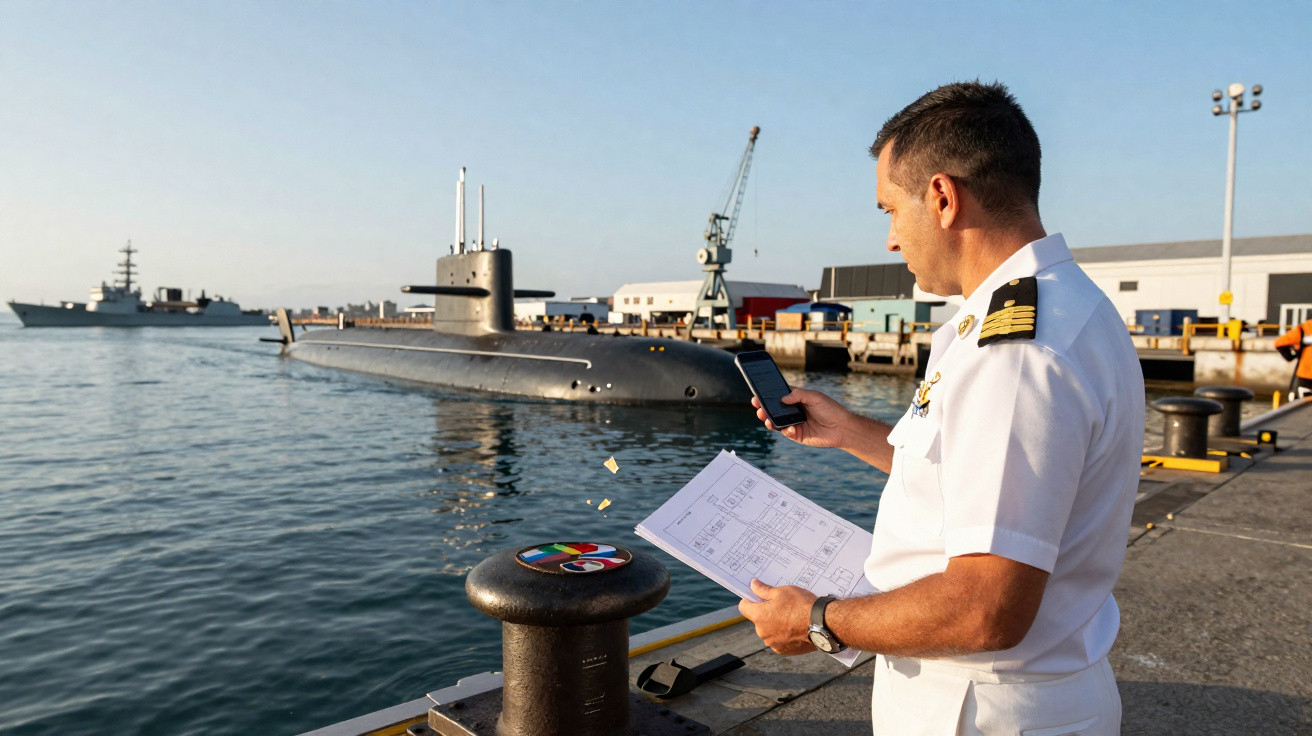 Oficial naval em uniforme branco usando celular e segurando plantas na doca com submarino ao fundo.
