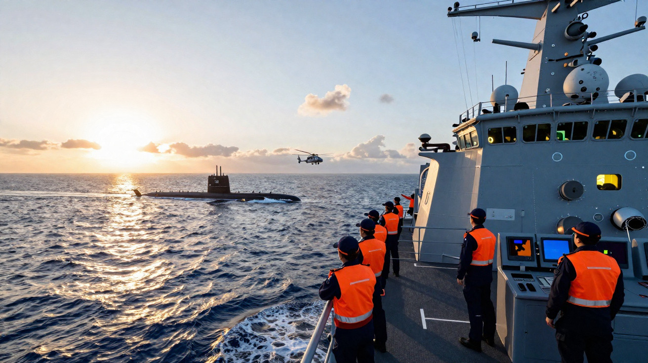 Marinheiros com coletes laranja observam submarino e helicóptero no mar ao pôr do sol.