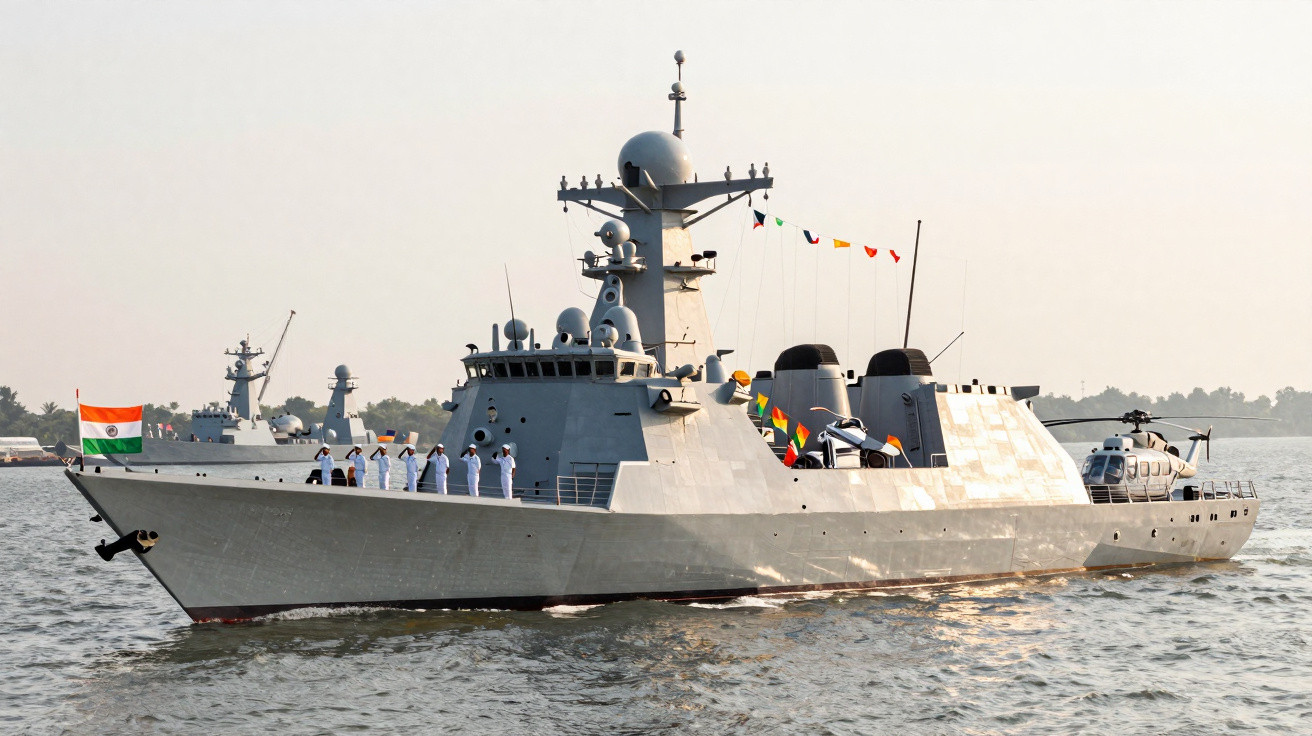 Navio de guerra cinza da Marinha Indiana com tripulantes no convés e helicóptero à ré navegando em mar calmo.