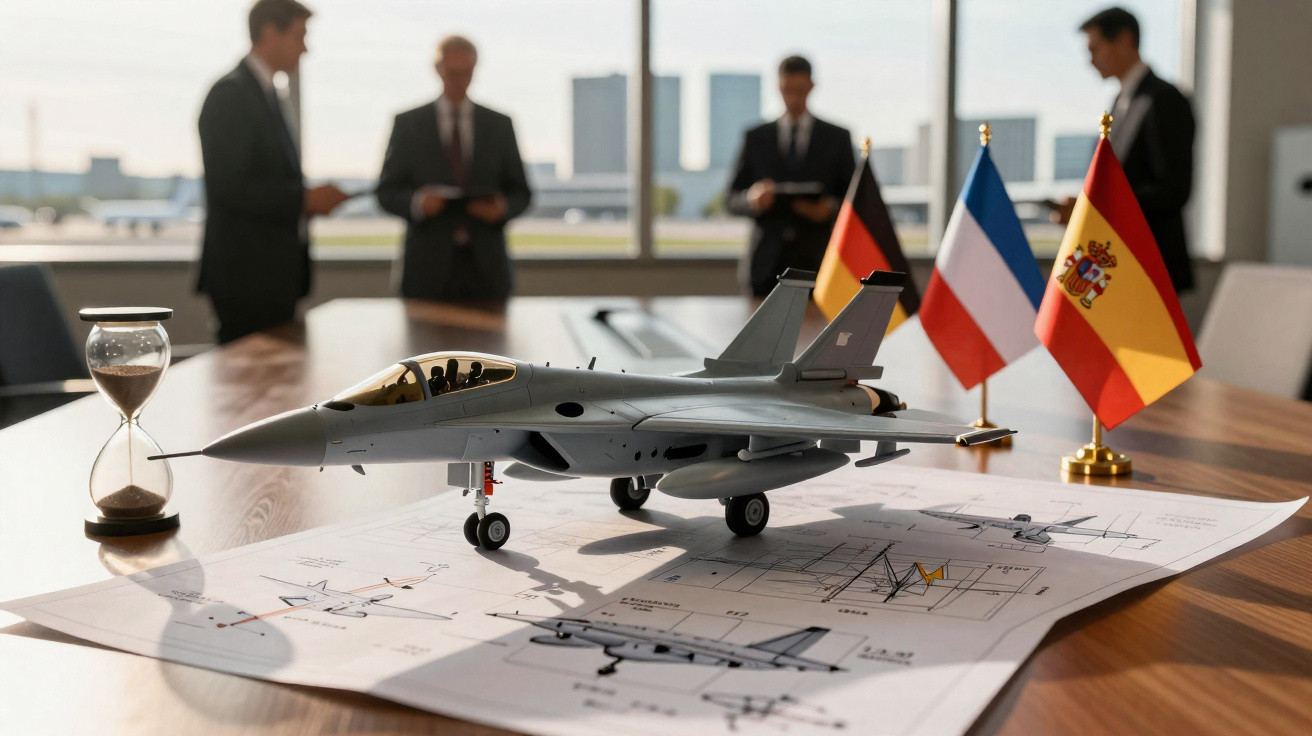 Modelo de avião militar sobre planta na mesa com ampulheta e três pessoas ao fundo em reunião.