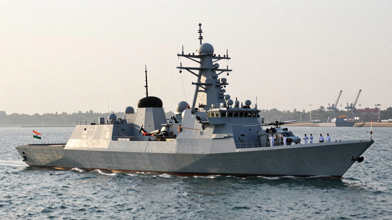 Navio de guerra cinza da Marinha da Índia navegando com tripulação no convés.