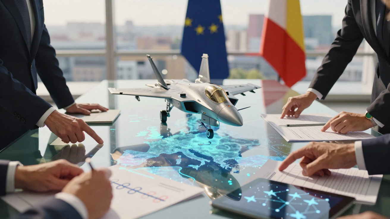 Reunião com miniatura de avião militar sobre mapa digital da Europa, com bandeiras da UE e Bélgica ao fundo.