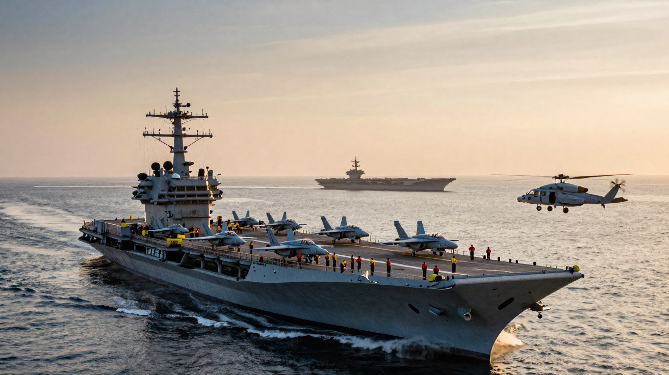 Porta-aviões no mar com aviões militares e helicóptero voando ao lado ao pôr do sol.