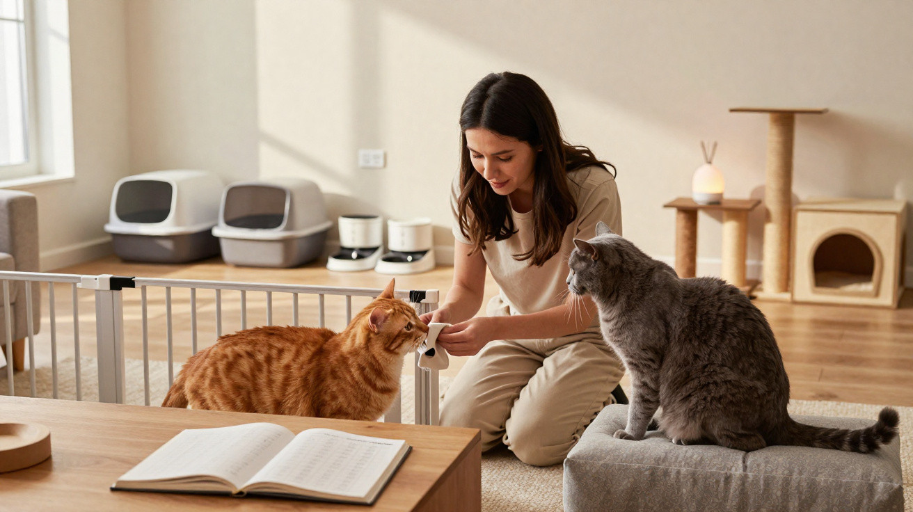 Mulher brinca com gato laranja enquanto outro gato cinza observa, em sala com móveis para pets.