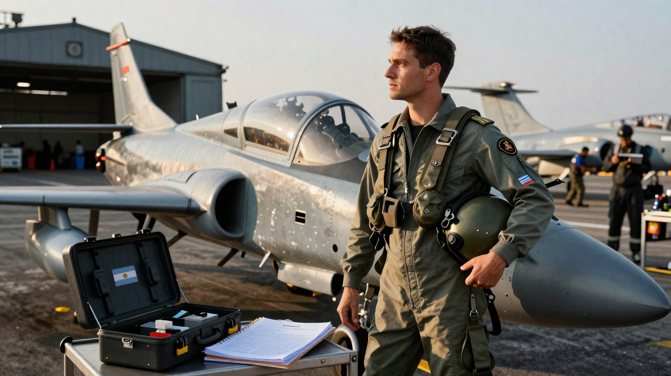 Piloto militar em uniforme verde ao lado de avião de caça prata no pátio de hangar ao entardecer.