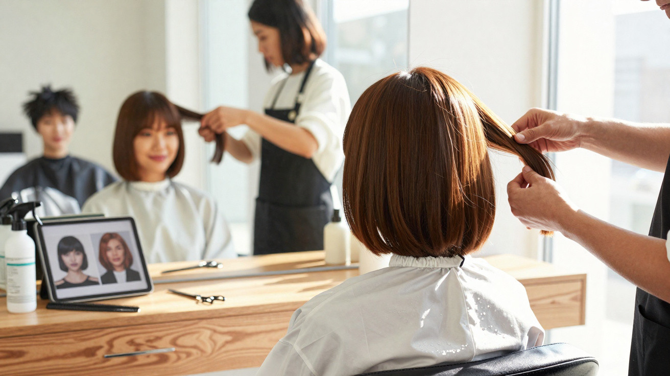 Cliente com cabelo curto castanho em salão de beleza enquanto cabeleireiro ajusta seu corte na frente do espelho.