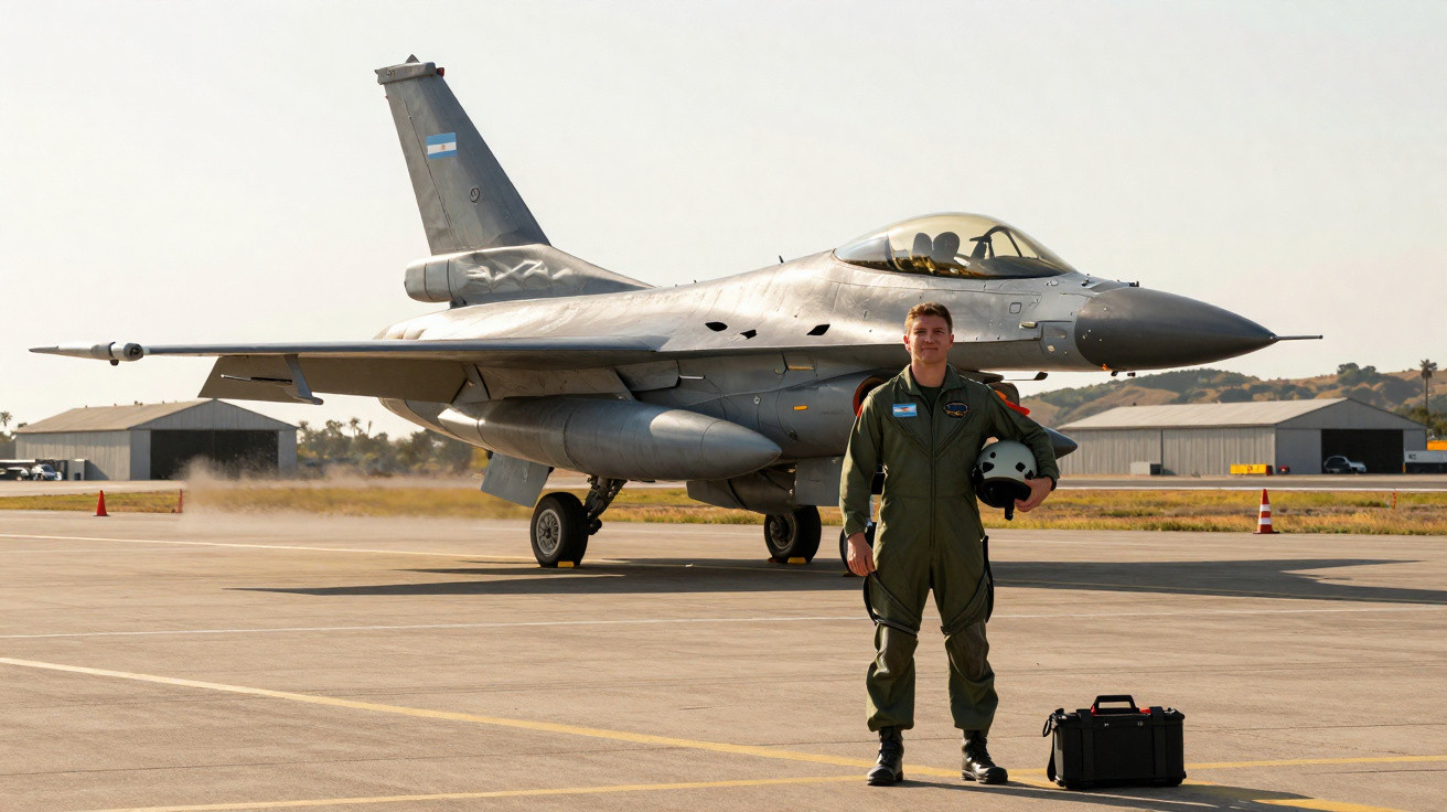 Piloto militar em uniforme verde posa com capacete ao lado de caça F-16 da Força Aérea Argentina.