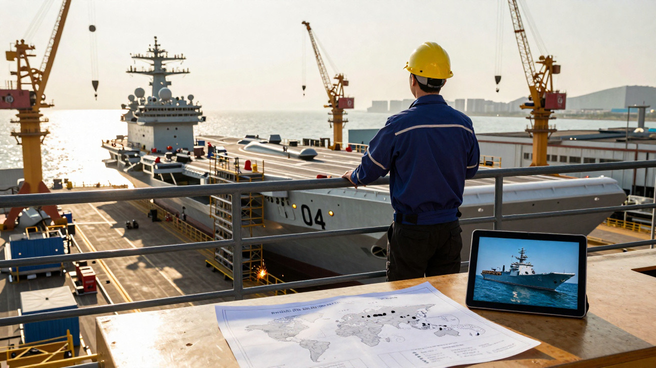 Homem com capacete observa navio militar ancorado em porto, com mapa e tablet sobre mesa ao lado.