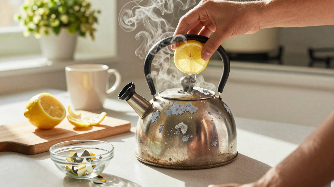 Mão colocando fatia de limão em chaleira metálica soltando vapor na cozinha iluminada.