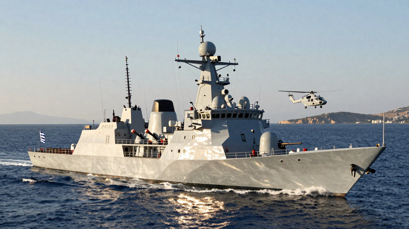 Navio de guerra moderno navegando no mar com helicóptero ao lado e ilha ao fundo.