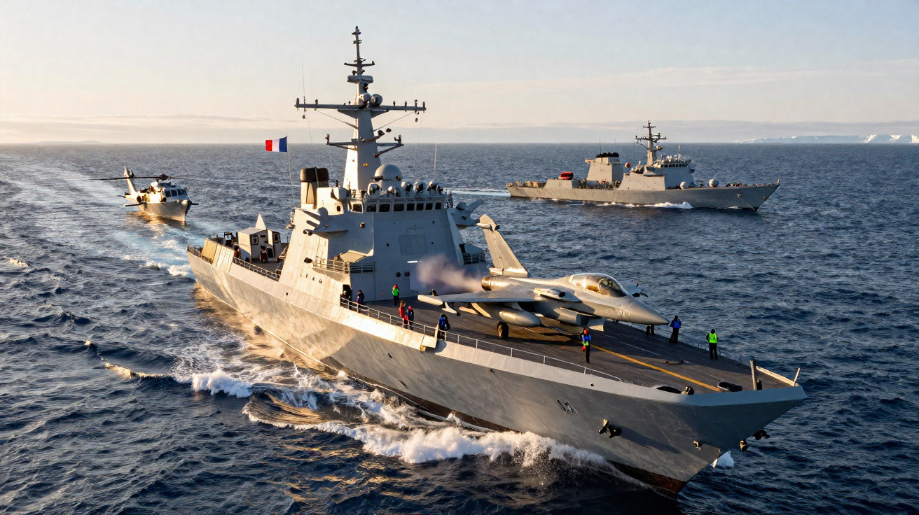 Fragata francesa navegando com caça F-16 na proa e outros dois navios militares ao fundo no mar aberto.