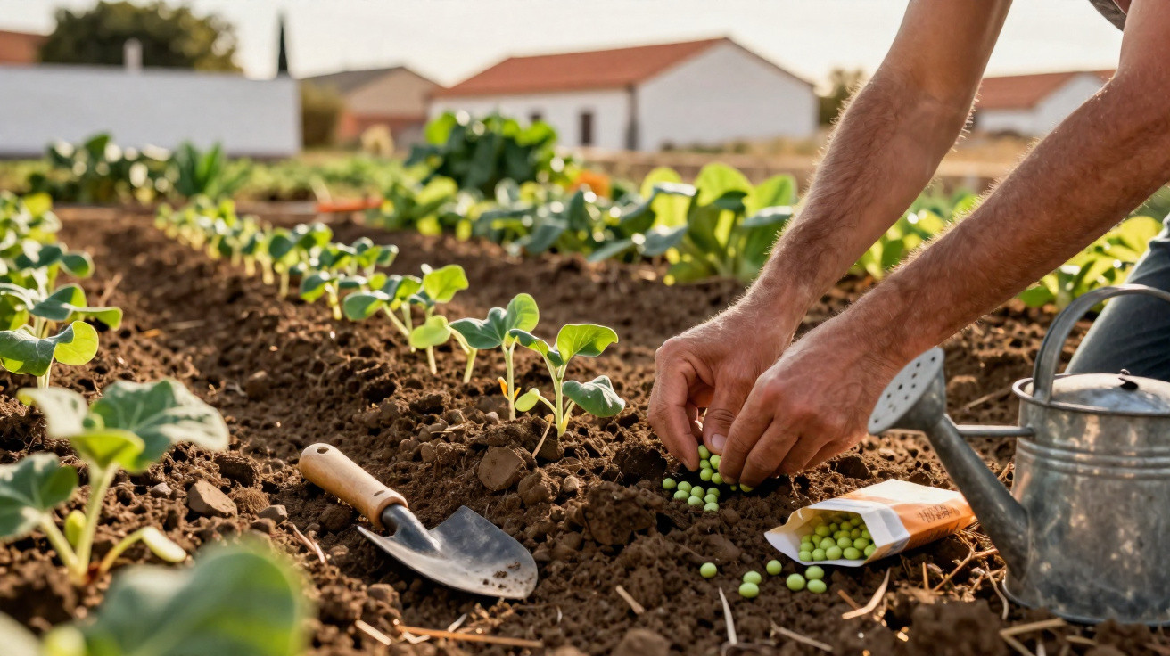 Mãos plantando sementes de ervilha em solo preparado, com regador e pá ao lado, em horta ao ar livre.