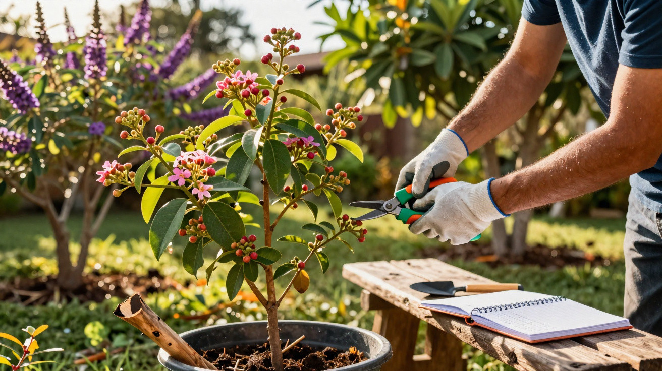 Pessoa podando planta florida em vaso no jardim, com caderno e pá sobre banco de madeira.