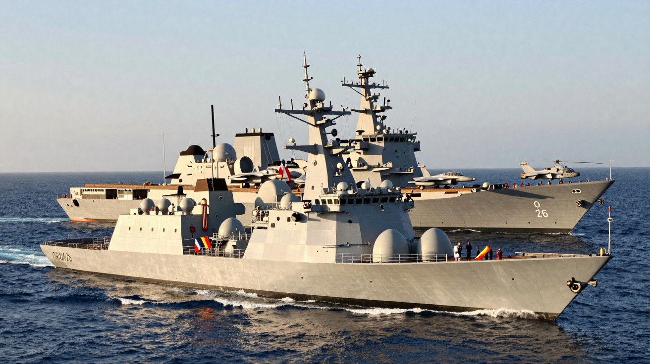 Dois navios militares cinza navegando juntos em mar calmo sob céu claro.