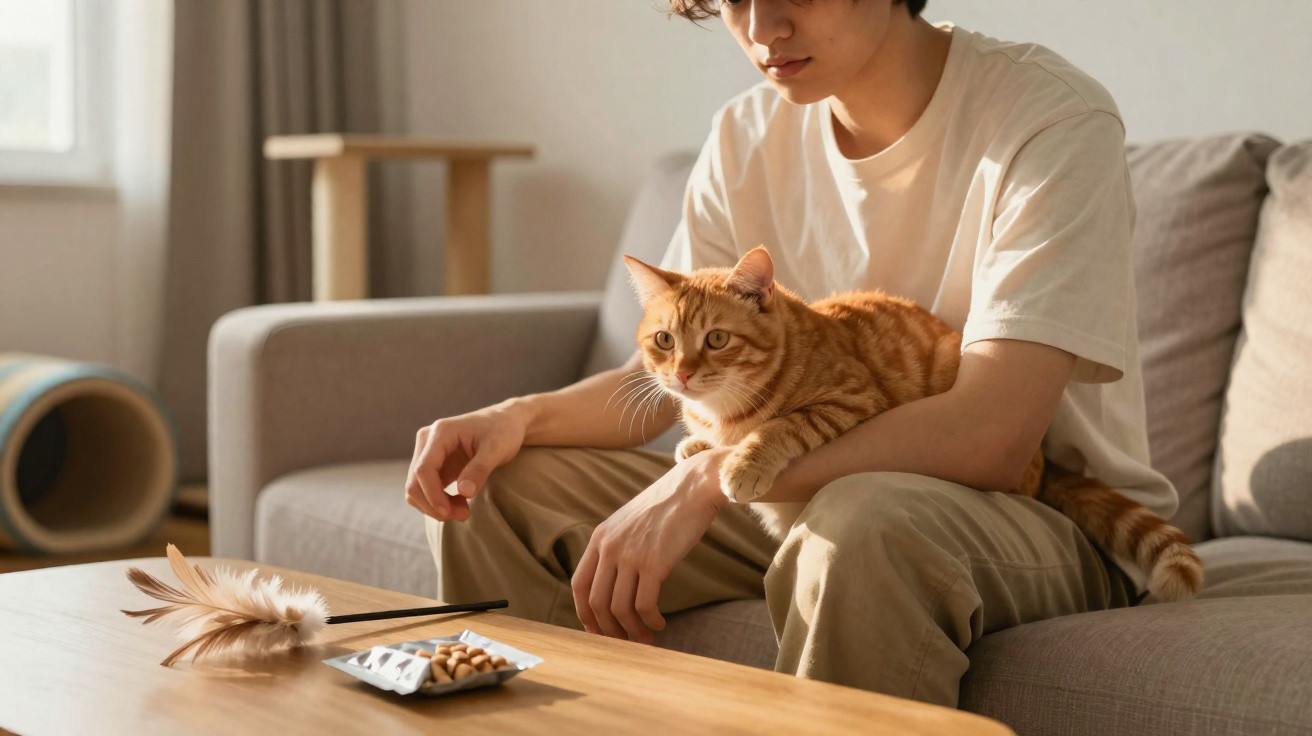 Pessoa sentada no sofá com gato laranja no colo, próximo a brinquedo de pena e petiscos na mesa.