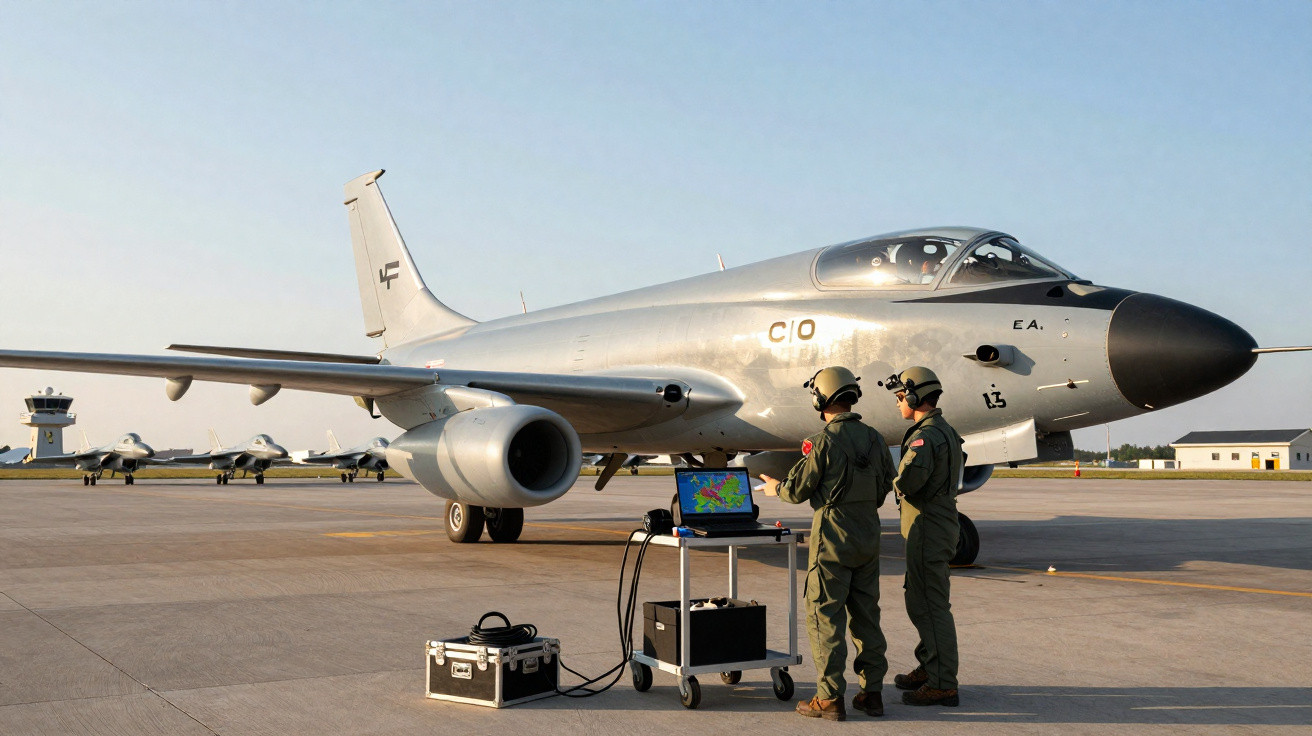 Dois técnicos militares ao lado de avião de caça prateado em pista de aeroporto com outros aviões ao fundo.