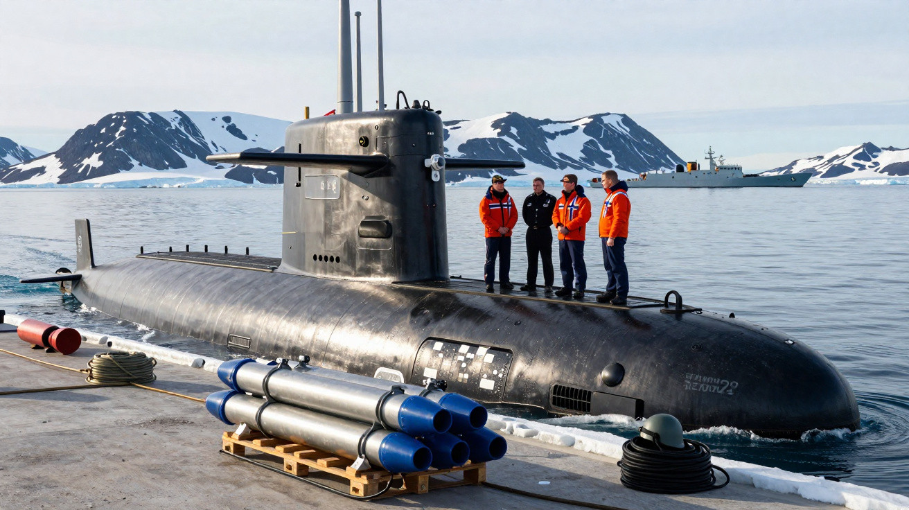 Submarino preto próximo a porto com quatro militares em uniforme laranja e montanhas nevadas ao fundo.