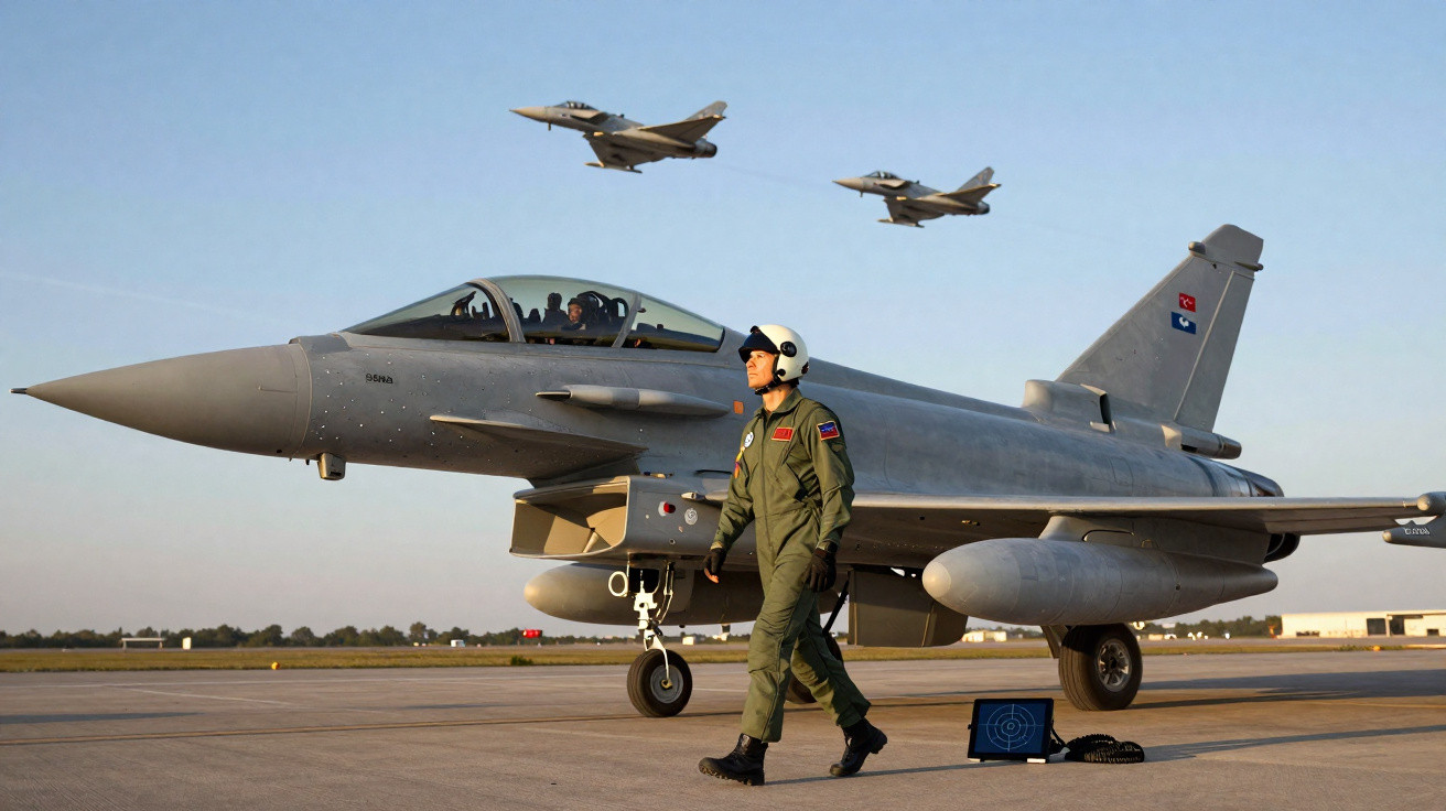 Caça militar estacionado com piloto caminhando na pista e dois aviões voando ao fundo em céu claro.