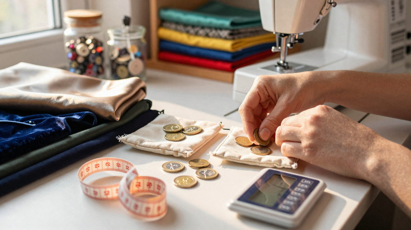 Mãos contando moedas sobre mesa com fita métrica, máquina de costura, tecido e calculadora ao fundo.