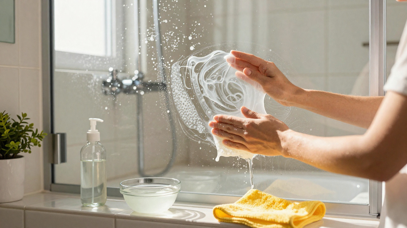 Pessoa limpando espelho do banheiro com esponja e produto de limpeza em frasco com dosador branco.