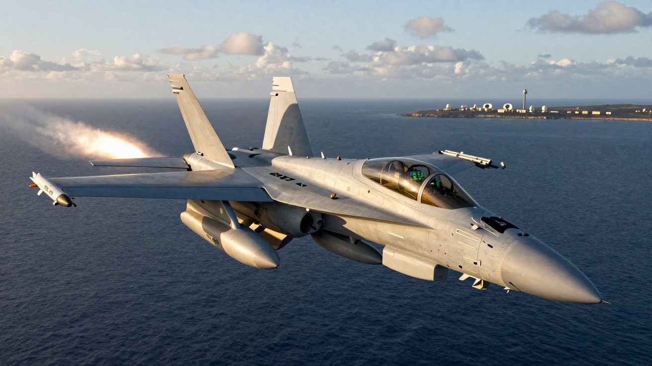 Caça militar lançando míssil sobre o oceano com céu parcialmente nublado ao fundo.