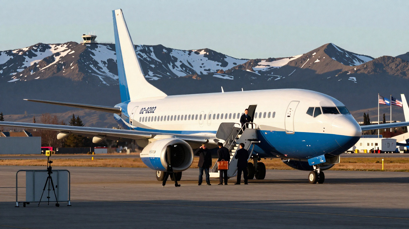 Avião executivo branco e azul estacionado, pessoas embarcando, montanhas com neve ao fundo.