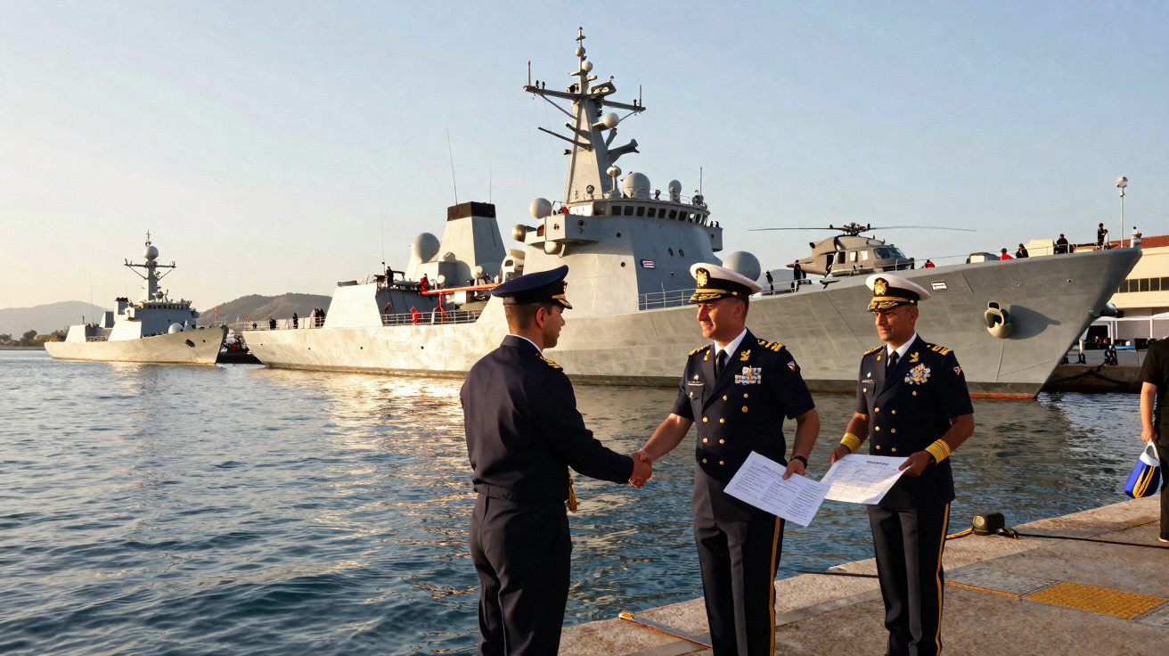 Militares da marinha cumprimentam-se em porto com navios de guerra ao fundo durante o pôr do sol.