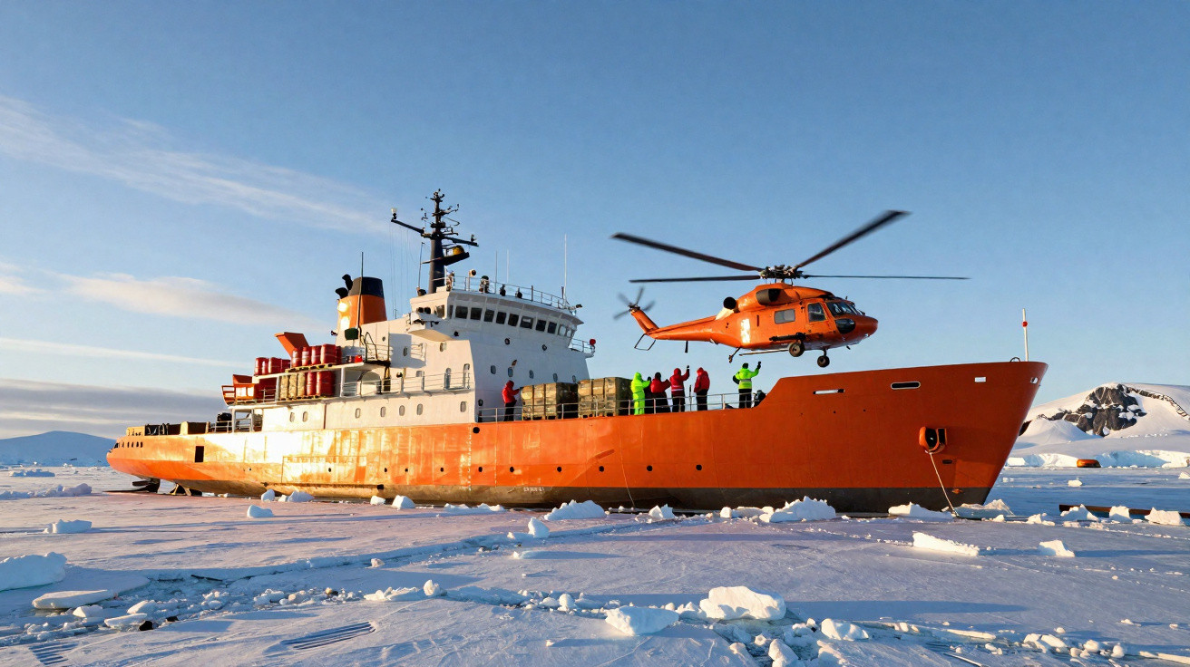 Navio de exploração polar laranja com helicóptero pousando e pessoas em roupas coloridas no convés, em ambiente gelado.